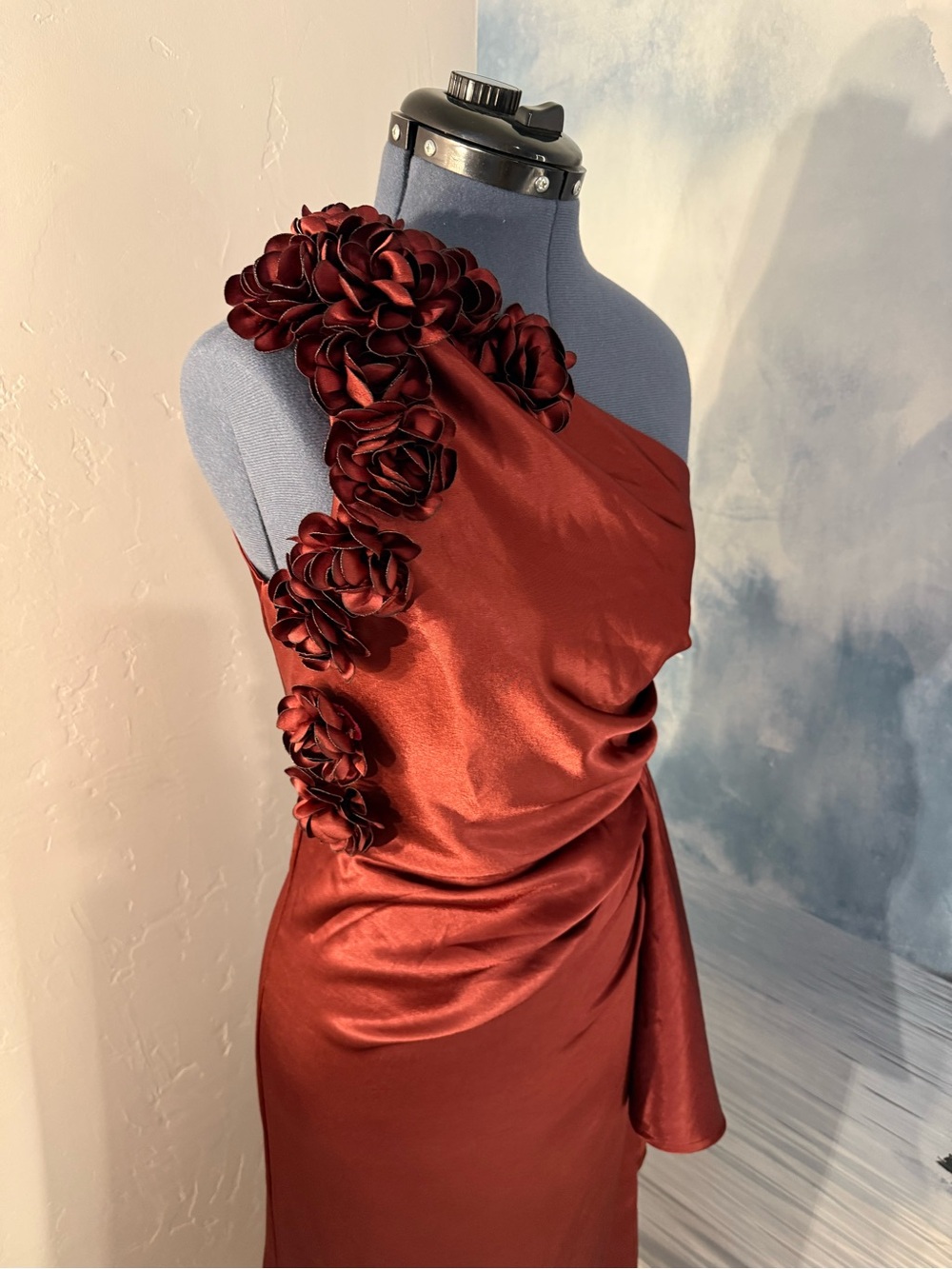 One-Shoulder Burgundy Satin Evening Gown with Floral Shoulder Detail #411 - Picture 2 of 11